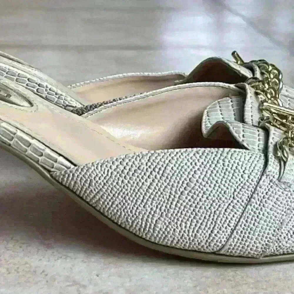 Bijou heeled, faux snake skin, slip on mules with gold chain; size 10